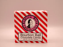Box of Rebecca Ruth's Bourbon Ball Chocolate Candy with red and white striped design on a beige background