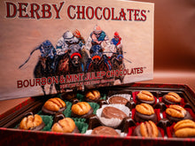 Box of Derby Chocolates Bourbon & Mint Julep chocolates with a racing theme.