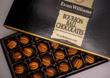Box of Bourbon Ball Chocolates by Evan Williams with a visible brand label.